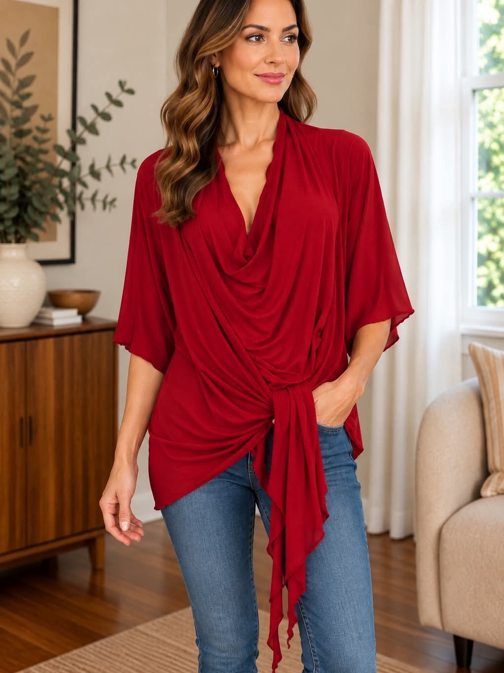 Joseph Ribkoff Crimson Red Draped Tie-Front Top